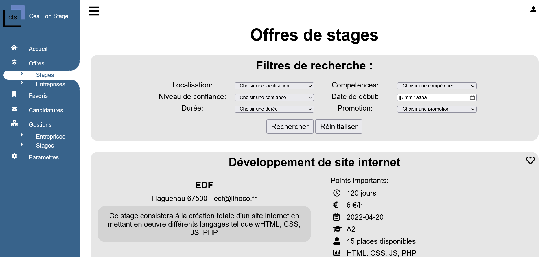 Page des offres de stages image
