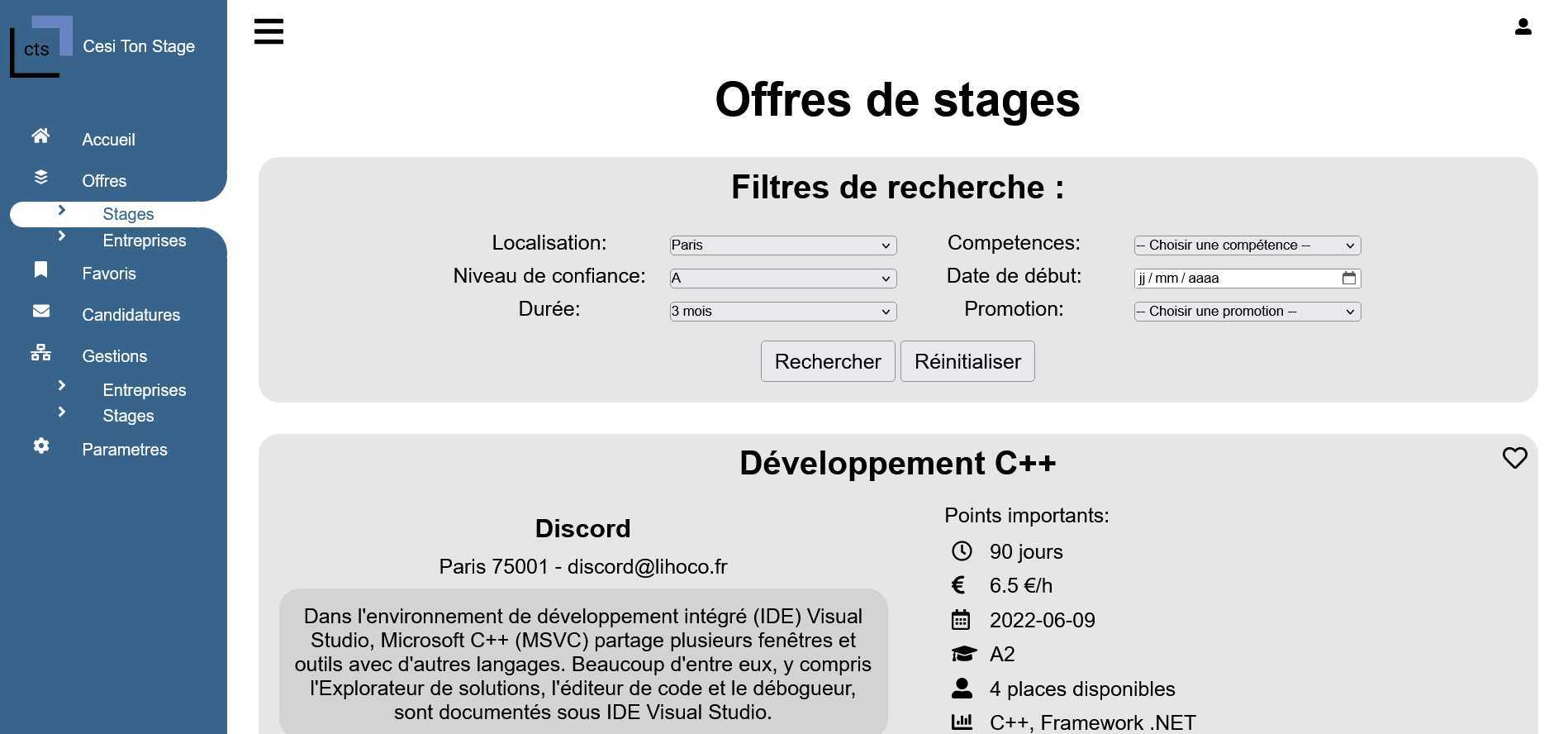 Page des offres de stages filtrée image